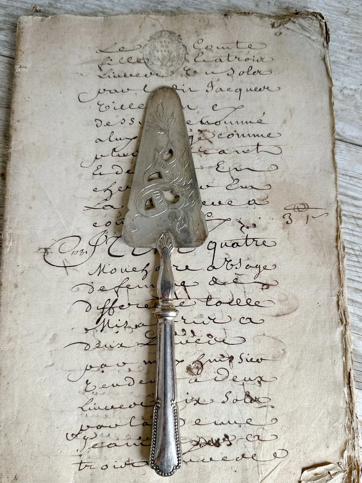 Vintage French Silver Plated Pie Cake Server with Leaf Cutout Design